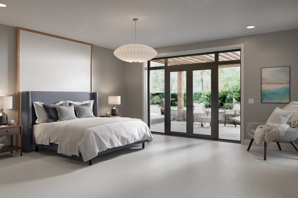 white tile in contemporary bedroom with grey walls and accent tile headboard